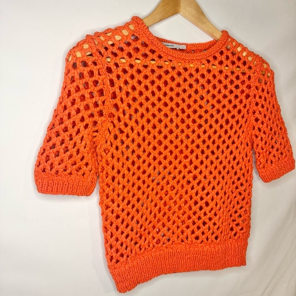 T by Alexander Wang Open Knit Chunky Crochet Knit Pullover Top Orange Size Small - Picture 2 of 7